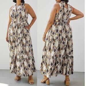 NWT Anthropologie Maeve Snake Print Maxi Dress Size 12 Brown Tan Button Front